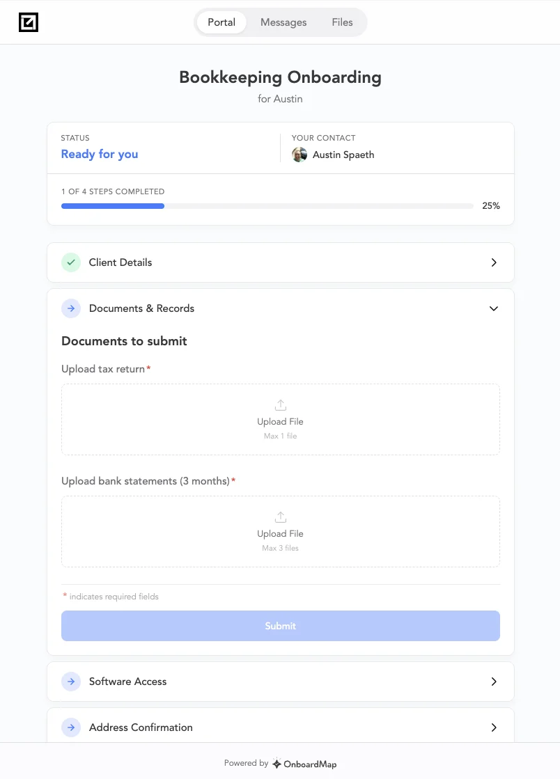 OnboardMap client portal showing a bookkeeping onboarding at one of four steps complete, with a completed client details step and an open documents step requesting a tax return and bank statements.